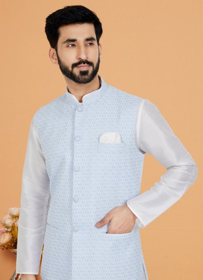 Aqua Blue and Off White Banarasi Silk Festival Kurta Payjama With Jacket