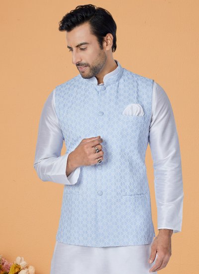 Aqua Blue and Off White Ceremonial Banarasi Silk Kurta Payjama With Jacket
