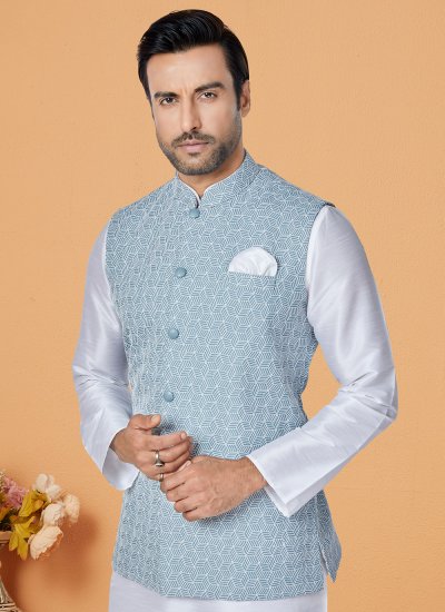 Aqua Blue and Off White Fancy Banarasi Silk Kurta Payjama With Jacket