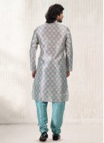Aqua Blue Banarasi Jacquard Engagement Kurta Pyjama