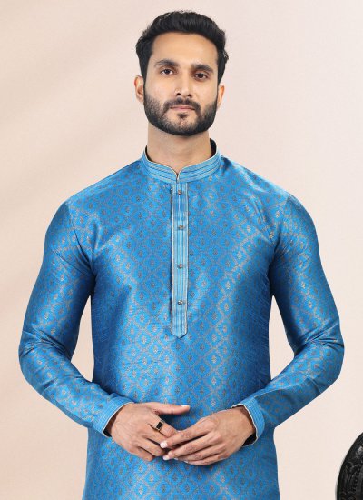 
                            Aqua Blue Banarasi Silk Mehndi Kurta Pyjama
