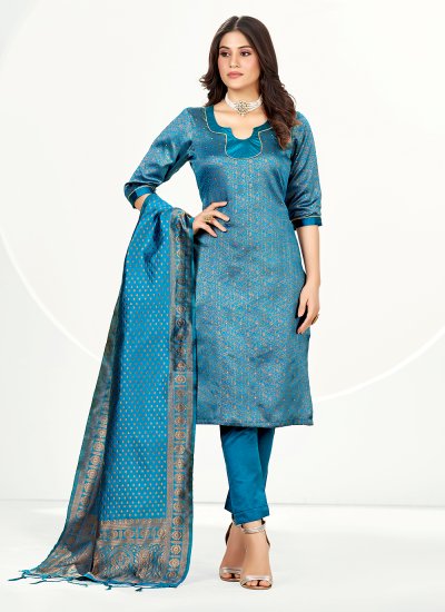 Aqua Blue Banarasi Silk Pant Style Suit