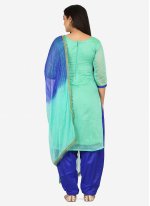 Aqua Blue Blended Cotton Embroidered Patiala Suit