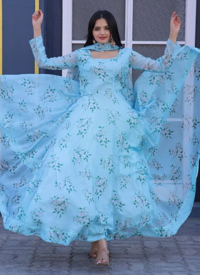 Aqua Blue Ceremonial Silk Floor Length Gown