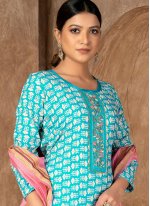 Aqua Blue Cotton Printed Straight Salwar Suit