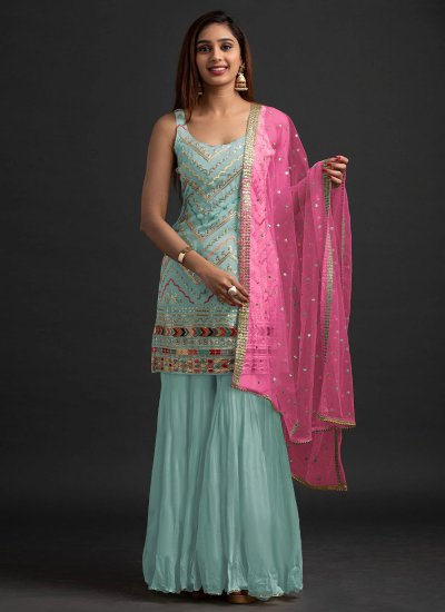 Aqua Blue Embroidered Faux Georgette Palazzo Salwar Suit