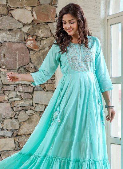 Aqua Blue Embroidered Mehndi Trendy Gown