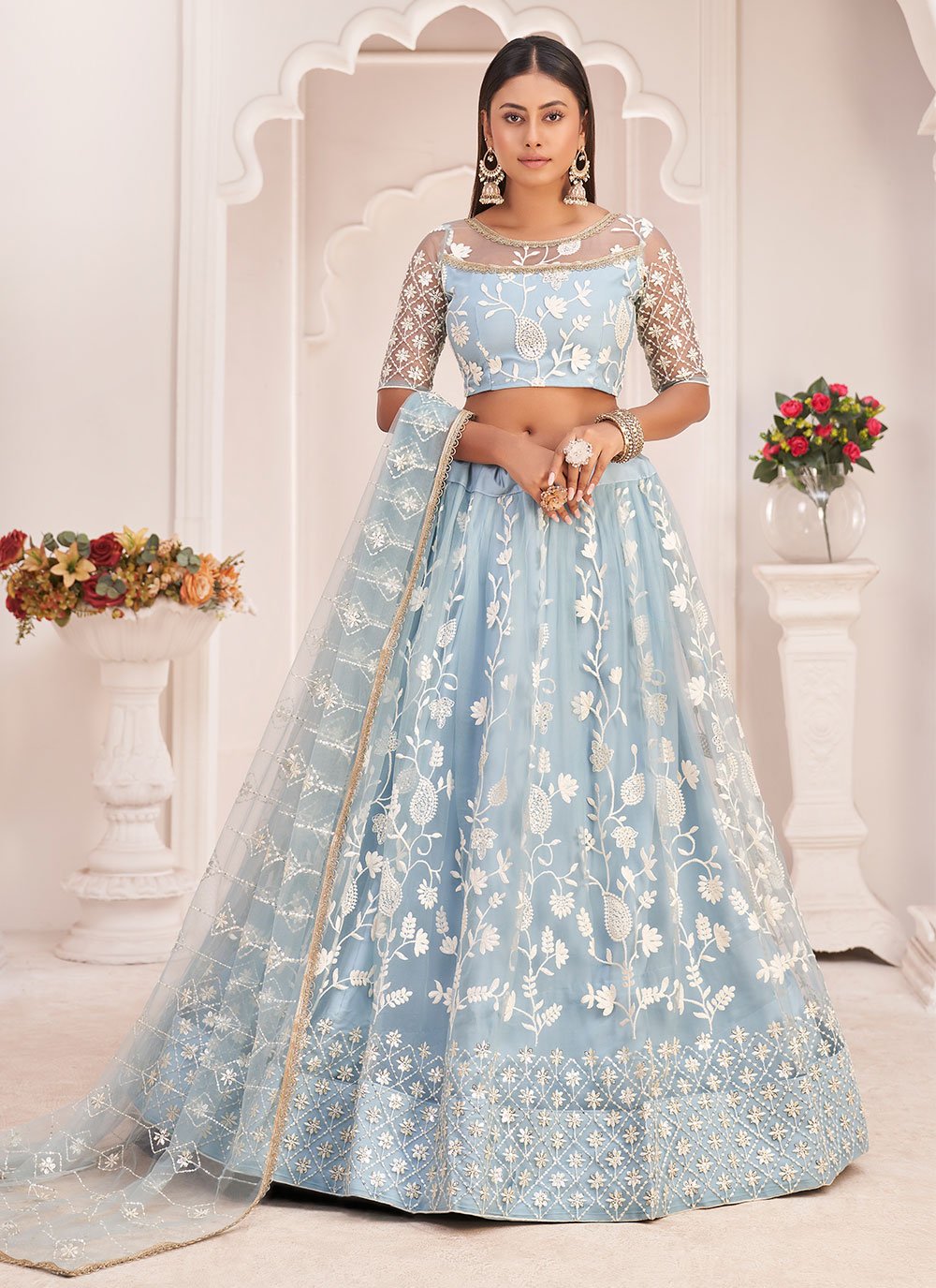 Blue White Lehenga Choli Indian Ethnic Wedding Wear Lengha Chunri Lehanga  Sari | eBay