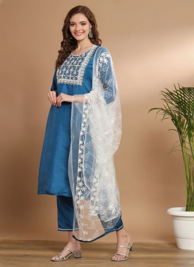 Aqua Blue Embroidered Straight Salwar Kameez