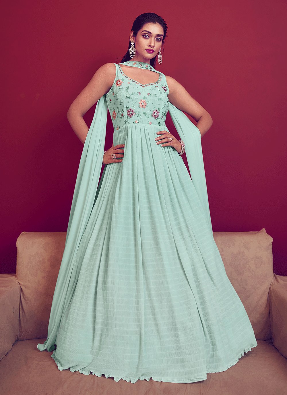 Aqua Blue Georgette Floor Length Trendy Gown -