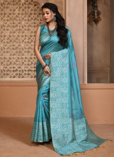 Aqua Blue Handloom silk Ceremonial Contemporary Saree