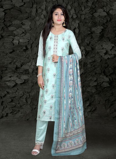 Aqua Blue Party Chanderi Silk Straight Salwar Suit