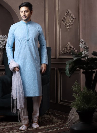Aqua Blue Printed Cotton Kurta Pyjama