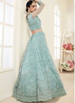 Aqua Blue Satin Silk Wedding Designer A Line Lehenga Choli