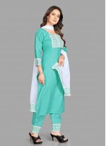 Arresting Blended Cotton Sea Green Pant Style Suit