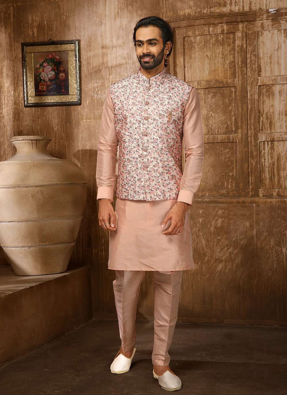 Art Banarasi Silk Embroidered Peach Kurta Payjama With Jacket