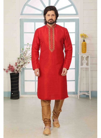 Art Banarasi Silk Embroidered Red Kurta Pyjama