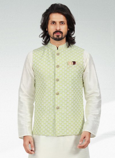 Art Banarasi Silk Green and Off White Thread Work Kurta Payjama With Jacket