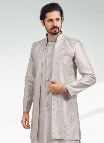 Art Banarasi Silk Grey Thread Work Kurta Payjama With Jacket