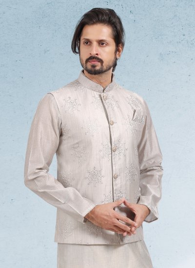 Art Banarasi Silk Grey Thread Work Kurta Payjama With Jacket