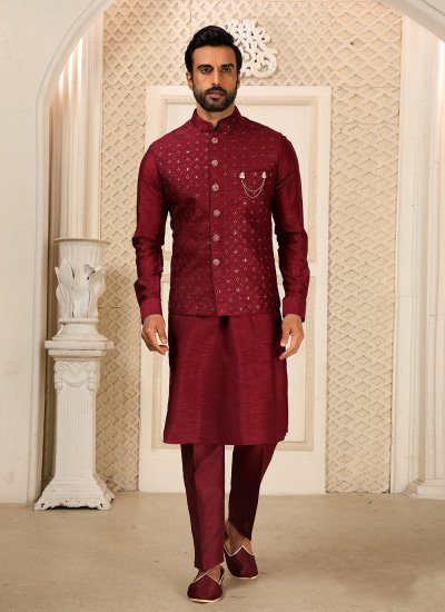 Art Banarasi Silk Maroon Kurta Payjama With Jacket