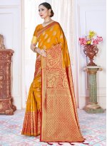Art Banarasi Silk Orange Designer Traditional Saree