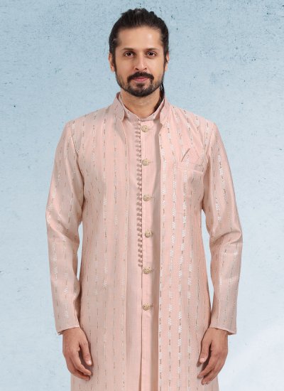 Art Banarasi Silk Peach Kurta Payjama With Jacket