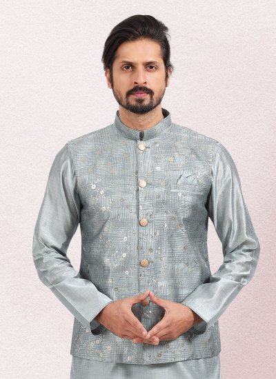 Art Banarasi Silk Printed Kurta Payjama With Jacket in Grey