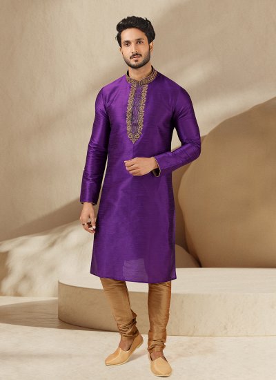 Art Banarasi Silk Purple Embroidered Kurta Pyjama