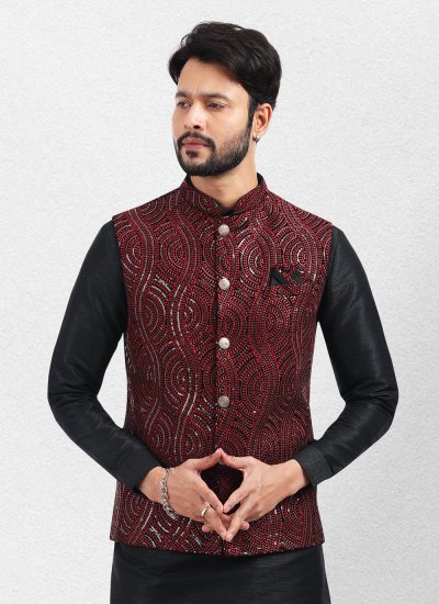 Art Banarasi Silk Thread Work Kurta Payjama With Jacket in Black and Maroon