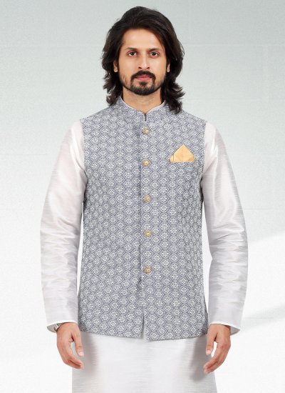 Art Banarasi Silk Thread Work Kurta Payjama With Jacket in Off White and Purple