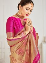 Art Banarasi Silk Woven Blue and Hot Pink Designer Half N Half Saree