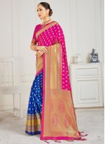 Art Banarasi Silk Woven Blue and Hot Pink Designer Half N Half Saree