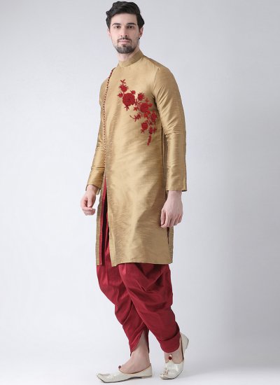 Art Dupion Silk Embroidered Angrakha in Gold
