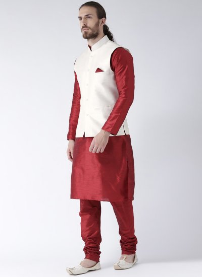 Art Dupion Silk Maroon and White Plain Kurta Payjama With Jacket