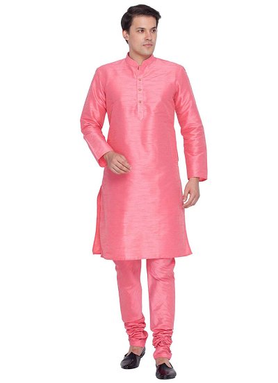 Art Dupion Silk Plain Kurta Pyjama in Pink