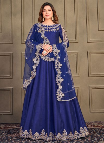 Art Silk Anarkali Salwar Kameez in Navy Blue