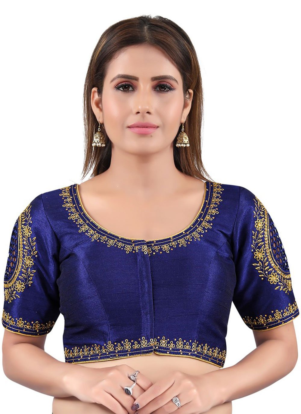 50X911-RO Blue Silk Designer Saree Blouse with Dori Ties, Deep ''U'' Back  with Floral Printed and Lace Work