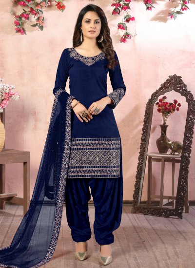 Art Silk Blue Resham Designer Patiala Suit