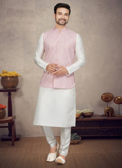 Art Silk Digital Print Off White and Pink Kurta Payjama With Jacket