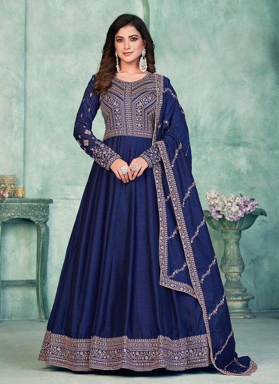 Art Silk Embroidered Blue Salwar Suit