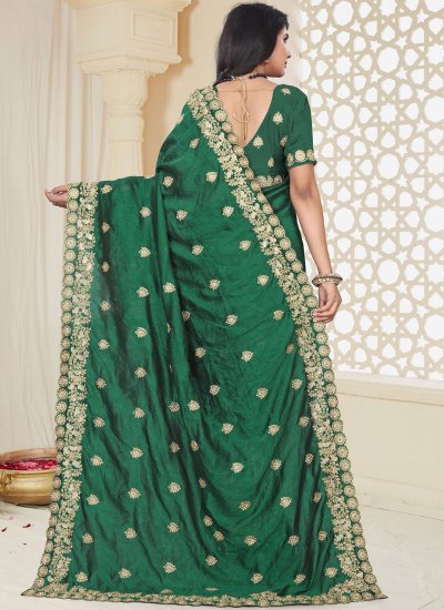 Art Silk Embroidered Designer Traditional Saree in Green