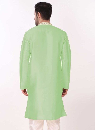 Art Silk Embroidered Kurta Pyjama in Green