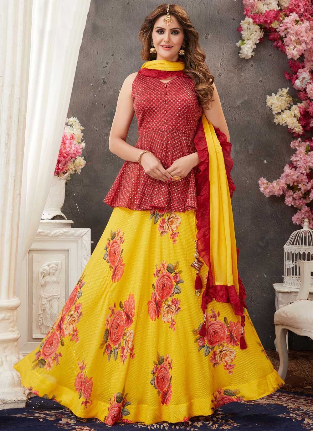 Wedding Wear Grey & Red Banarasi Lehenga with Ready made Blouse  onlineshopping store in India - RJ Fashion