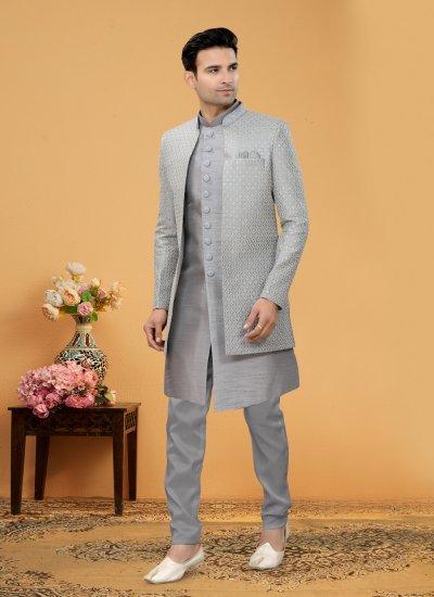 Art Silk Indo Western Sherwani in Grey