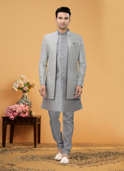 Art Silk Indo Western Sherwani in Grey