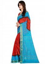 Art Silk Printed Firozi and Red Traditional Designer Saree