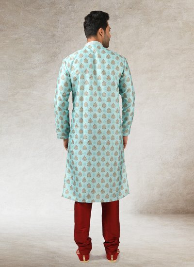 
                            Art Silk Printed Kurta Pyjama in Turquoise