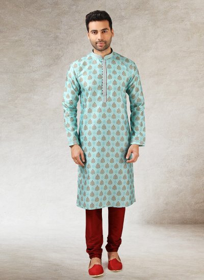Art Silk Printed Kurta Pyjama in Turquoise