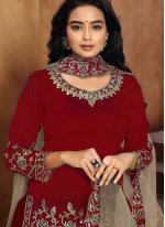 Art Silk Red Designer Patiala Suit